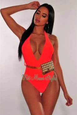 Vendor-unknown Just In Tangerine Iridescent Pearl Fanny Pack Belted Swimsuit