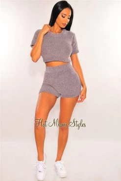 Sole Mio (set) HMS Lounge: Gray Chenille Knit Short Sleeves Shorts Two Piece Set