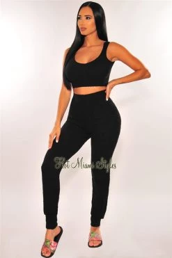 Sole Mio (set) HMS Lounge: Black Fuzzy Tank High Waist Jogger Pants Two Piece Set Just In