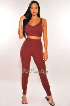 Sole Mio (set) Just In HMS Lounge: Chocolate Brown Fuzzy Tank High Waist Jogger Pants Two Piece Set