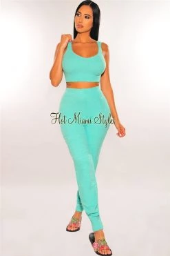 Sole Mio (set) HMS Lounge: Mint Green Fuzzy Tank High Waist Jogger Pants Two Piece Set