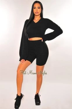 Sole Mio (set) HMS Lounge: Black Fuzzy Bell Sleeves Biker Shorts Two Piece Set