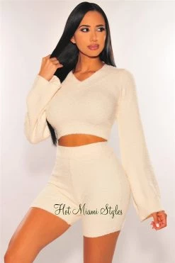 Sole Mio (set) Just In HMS Lounge: Cream Fuzzy Bell Sleeves Biker Shorts Two Piece Set