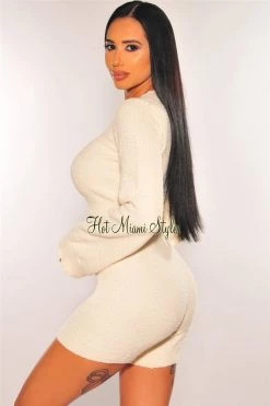 Sole Mio (set) Just In HMS Lounge: Cream Fuzzy Bell Sleeves Biker Shorts Two Piece Set