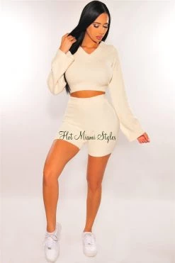 Sole Mio (set) Just In HMS Lounge: Cream Fuzzy Bell Sleeves Biker Shorts Two Piece Set