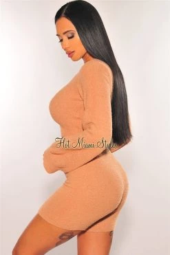 Sole Mio (set) HMS Lounge: Mocha Fuzzy Bell Sleeves Biker Shorts Two Piece Set