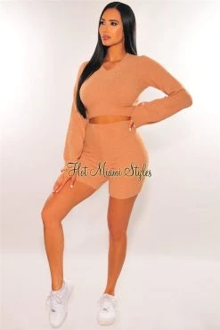 Sole Mio (set) HMS Lounge: Mocha Fuzzy Bell Sleeves Biker Shorts Two Piece Set