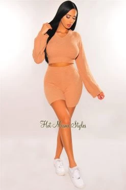 Sole Mio (set) HMS Lounge: Mocha Fuzzy Bell Sleeves Biker Shorts Two Piece Set