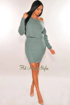 Vendor-unknown Sage Ribbed Knit Sweater High Waist Skirt Two Piece Set Just In