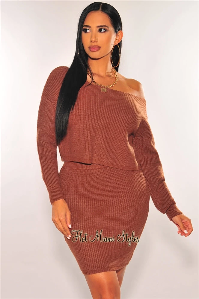 Vendor-unknown Just In Toffee Ribbed Knit Sweater High Waist Skirt Two Piece Set