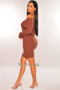 Vendor-unknown Just In Toffee Ribbed Knit Sweater High Waist Skirt Two Piece Set