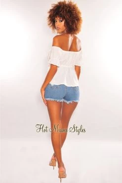 Vendor-unknown Just In White Off Shoulder Short Sleeve Ruffle Babydoll Top