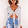 Vendor-unknown Baby Blue Ribbed Exposed Seams Tie Up Long Sleeve Top