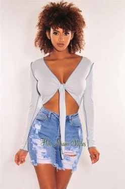 Vendor-unknown Baby Blue Ribbed Exposed Seams Tie Up Long Sleeve Top