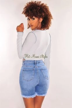 Vendor-unknown Baby Blue Ribbed Exposed Seams Tie Up Long Sleeve Top