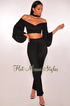 Sole Mio (set) Just In Black Faux Wrap Choker Bell Sleeves Two Piece Set