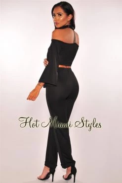 Sole Mio (set) Just In Black Faux Wrap Choker Bell Sleeves Two Piece Set