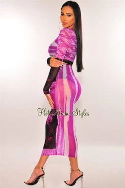 Vendor-unknown Purple Sheer Long Sleeves High Waist Skirt Two Piece Set Just In