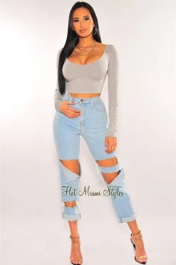 Glamazon Gray Ribbed Knit Faux Bustier Long Sleeves Crop Top