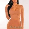 Glamazon Mocha Ribbed Knit Faux Bustier Long Sleeves Crop Top