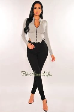 Vendor-unknown Light Gray Ribbed Knit Zipper Long Sleeve Top