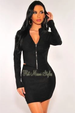 Vendor-unknown Just In Black Faux Suede Zipper Skirt Two Piece Set