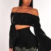 Orange Shine Just In Black Sequins Off Shoulder Bell Sleeves Crop Top