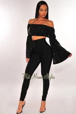 Orange Shine Just In Black Sequins Off Shoulder Bell Sleeves Crop Top