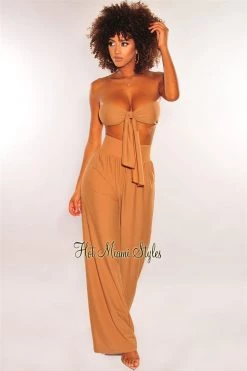 Sole Mio (set) MOCHA BANDEAU TIE UP HIGH WAIST PALAZZO TWO PIECE SET Just In