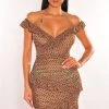 NIKIBIKI Just In Toffee Mesh Nude Illusion Polka Dot Off Shoulder Ruffle Dress