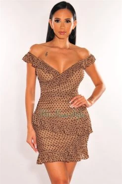 NIKIBIKI Just In Toffee Mesh Nude Illusion Polka Dot Off Shoulder Ruffle Dress