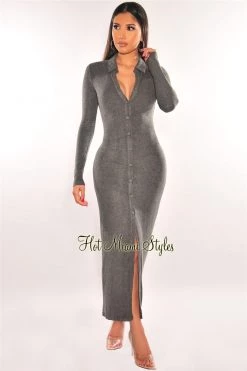 ARK & Co Just In Gray Knit Collared Long Sleeve Button Up Slit Cut Out Back Dress