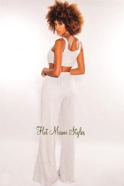 Vendor-unknown Light Gray Boned Hook & Eye High Waist Palazzo Pants Two Piece Set Just In