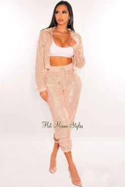 Sole Mio (set) Blush Sequins Zipper Long Sleeve Hoodie Joggers Two Piece Set Just In