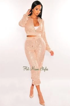 Sole Mio (set) Blush Sequins Zipper Long Sleeve Hoodie Joggers Two Piece Set Just In