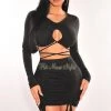 Vendor-unknown Black Long Sleeve Keyhole Wrap Around Ruched Skirt Two Piece Set Just In