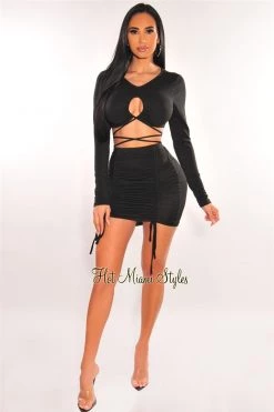Vendor-unknown Black Long Sleeve Keyhole Wrap Around Ruched Skirt Two Piece Set Just In