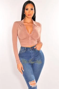 Orange Shine Mauve Collared Long Sleeve Snap Button Ruched Crop Top Just In