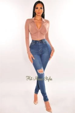 Orange Shine Mauve Collared Long Sleeve Snap Button Ruched Crop Top Just In