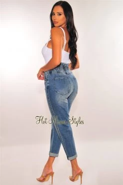 Vendor-unknown Just In Denim Wash Paperbag Straight Leg High Waist Jeans