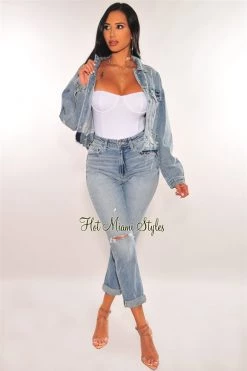 Vendor-unknown Just In Light Denim Ripped High Waist Mom Jeans