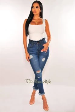 Vendor-unknown Dark Blue Denim Paperbag Ripped Frayed Hem Skinny Jeans Just In