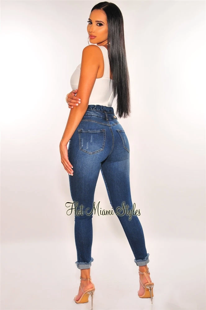 Vendor-unknown Dark Blue Denim Paperbag Ripped Frayed Hem Skinny Jeans Just In