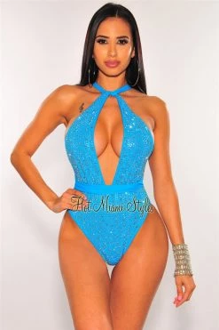 Vendor-unknown Aqua Silver Rhinestones Halter Multi Wear Swimsuit Just In