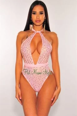 Vendor-unknown Blush Iridescent Rhinestones Halter Multi Wear Swimsuit Just In