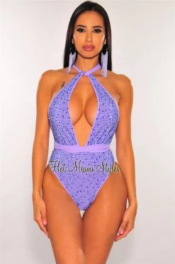 Vendor-unknown Lavender Iridescent Rhinestones Halter Multi Wear Swimsuit