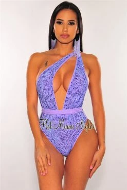 Vendor-unknown Lavender Iridescent Rhinestones Halter Multi Wear Swimsuit