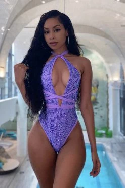 Vendor-unknown Lavender Iridescent Rhinestones Halter Multi Wear Swimsuit