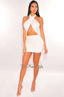 Vendor-unknown White Halter CrissCross Cut Out Ruched Dress
