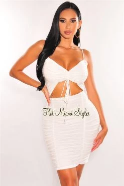 Vendor-unknown Just In White V Neck Cut Out Open Back Ruched Dress